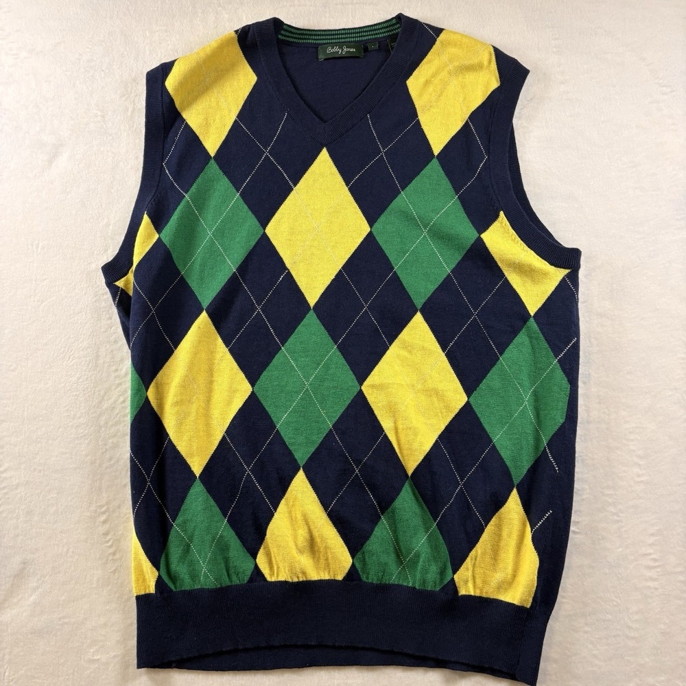 Bobby Jones Large Navy Cotton Luxury Blend Golf Sweater Vest Green Yellow Argyle